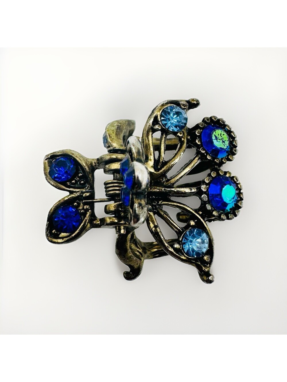 Vintage Mini Hair Claw Clip Butterfly With Blue Rhinestones